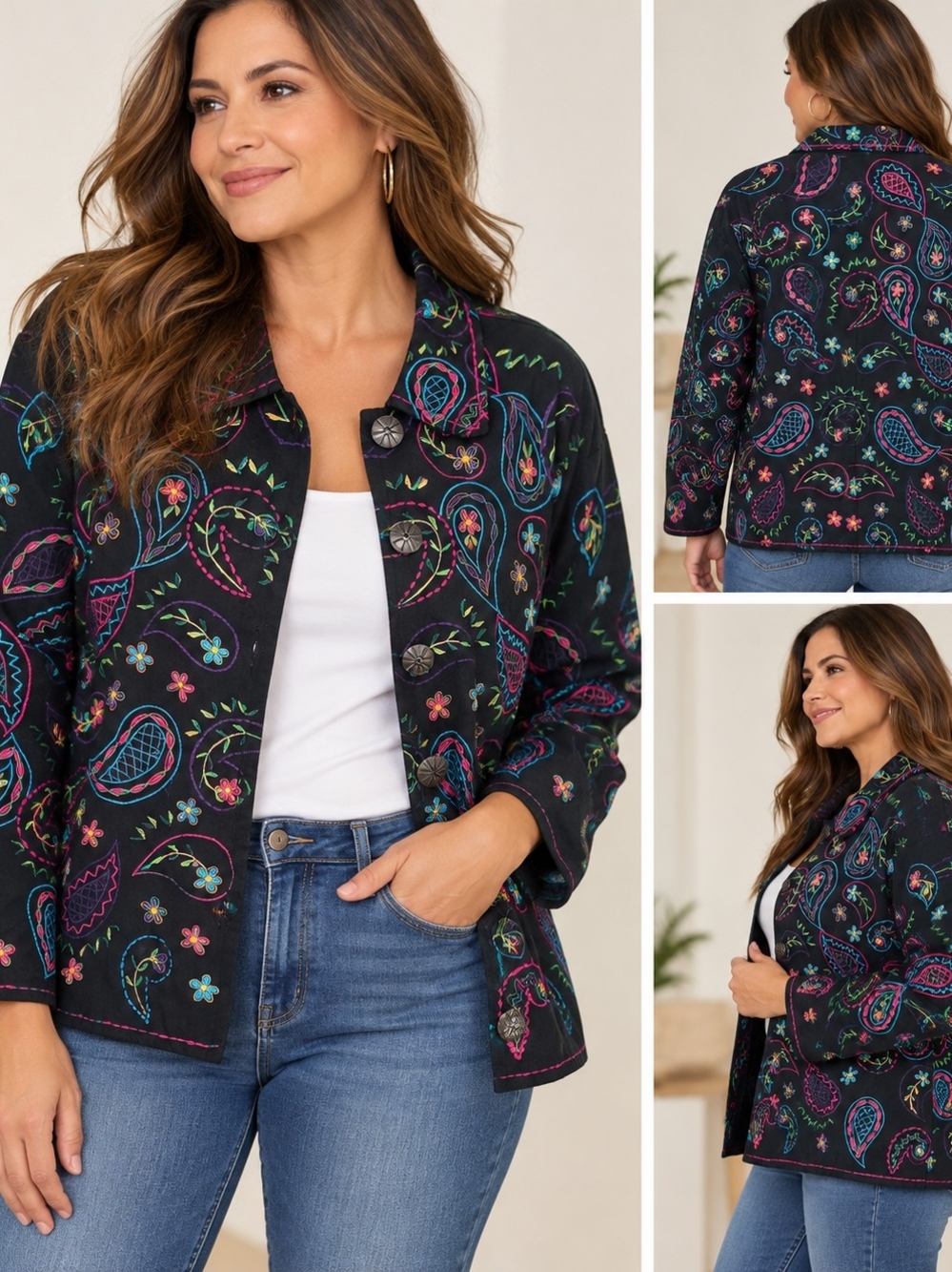 Units Embroidered Paisley Linen Cotton Jacket Colorful Boho Floral Black.